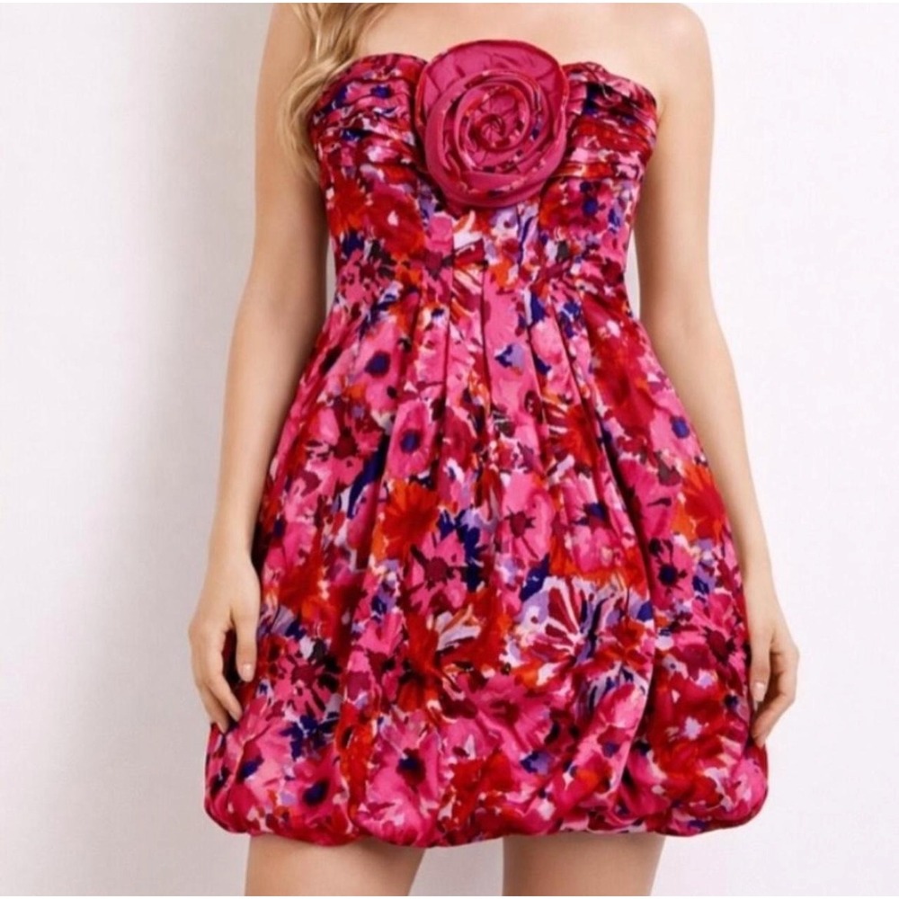 BCBGMAXAZRIA Begonia Floral Rosette Bubble Hem Mini Dress LCR6K824 Pink Red 0